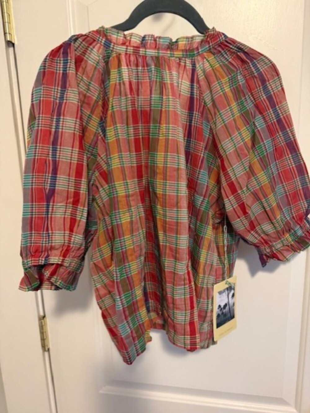 Trovata Birds of Paradis XS Multicolor Plaid Puff-Sleeve Peasant Blouse NWT